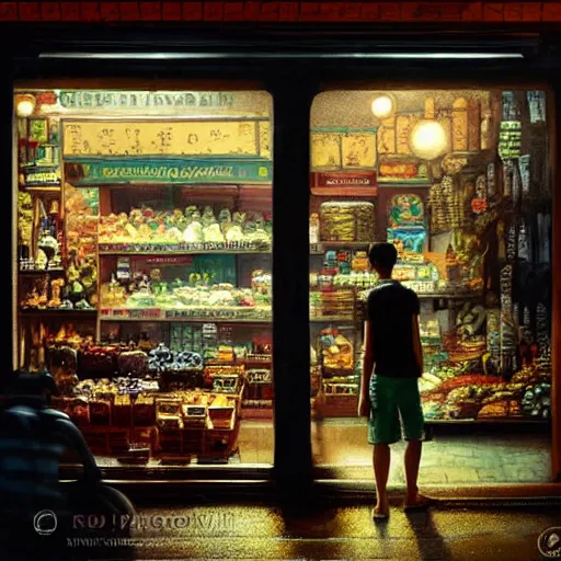 Prompt: a traditional provision shop in singapore at night, by greg rutkowski