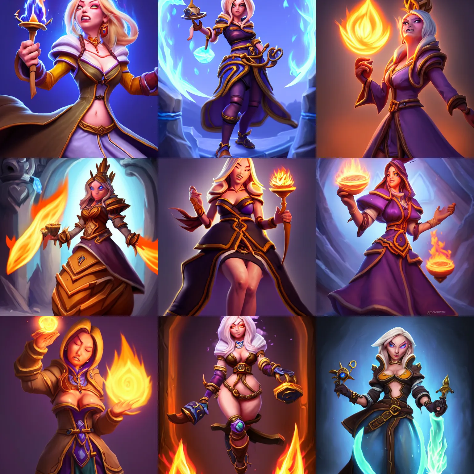 Prompt: Closed eyes character. Hearthstone official professional art. A sorceress, wearing a robe casting a fire ball. Amazingly logical & professional physical body parts (arms, legs, insanely inflated hips, incredibly tiny waist). Full body, sharp focus, 8k high definition, insanely detailed, intricate, elegant, smooth, sharp focus, illustration, ArtStation