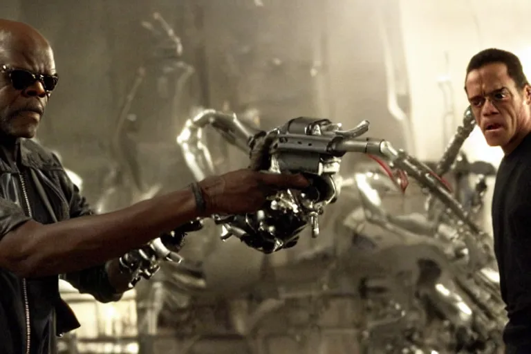 Image similar to Samuel L. Jackson plays Terminator and his endoskeleton is visible, action scene from the film