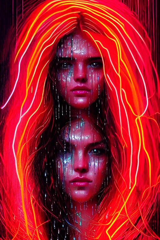 Image similar to portrait of a woman in the glowing neon rain with wet hair and face, rain drops, fantasy, intricate, elegant, dramatic lighting, highly detailed, lifelike, photorealistic, digital painting, artstation, concept art, smooth, sharp focus, illustration, art by John Collier and Albert Aublet and Krenz Cushart and Artem Demura and Alphonse Mucha