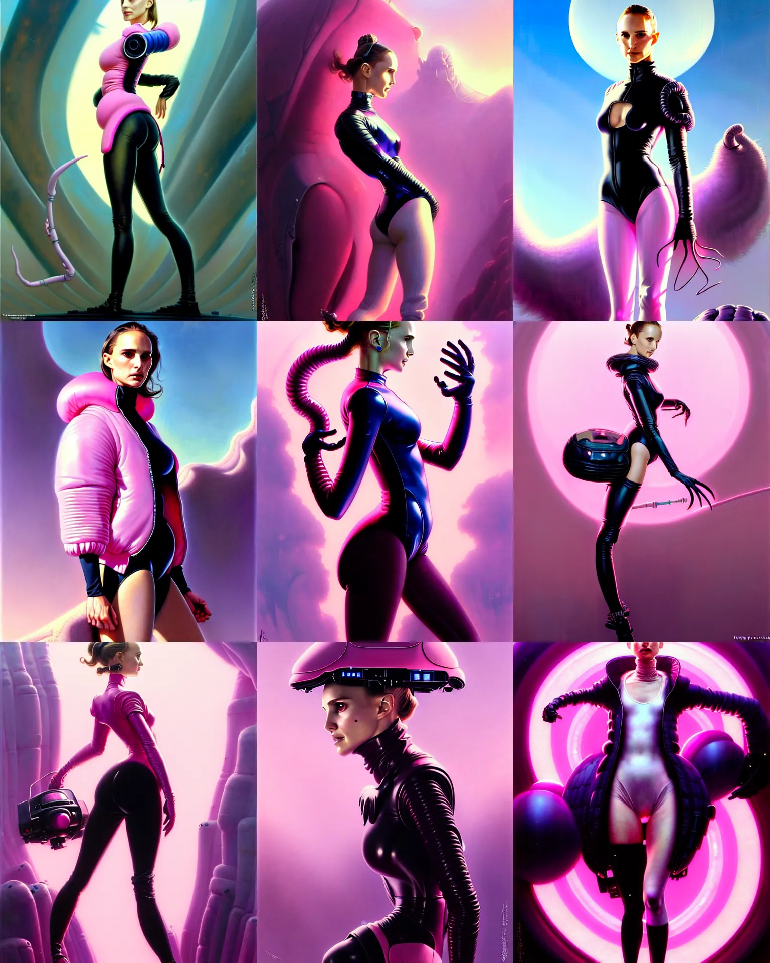 Prompt: beautiful fantasy character portrait, natalie portman, wearing oversized puffy pink bomber jacket and black leotard, ultra realistic, wide angle, very seductive pose, cyberpunk artifacts, highly detailed by peter mohrbacher, hajime sorayama, wayne barlowe, boris vallejo, aaron horkey, gaston bussiere, craig mullins