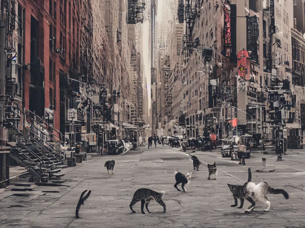 Image similar to cats walking like human in a street of new york, 4k ,ultra realistic details,