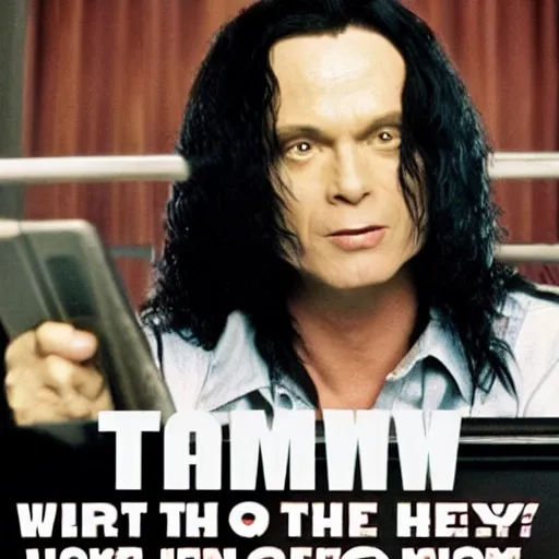 Prompt: tommy wiseau from the room ( 2 0 0 3 ), with the words oh hi mark written, poster, perfect kerning