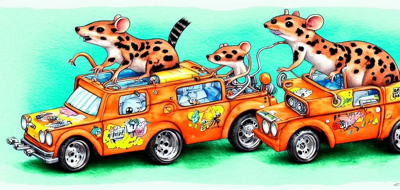 Image similar to cute and funny, quoll riding in a tiny hot rod with oversized engine, ratfink style by ed roth, centered award winning watercolor pen illustration, isometric illustration by chihiro iwasaki, edited by range murata, tiny details by artgerm and watercolor girl, symmetrically isometrically centered