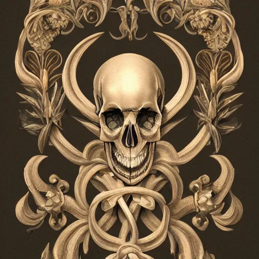 Prompt: beautiful classical decorative ornament, skulls, lasers, acanthus scrolls, lilies, ivy, anatomy, energy, geometry, magnolia, bones, petals, stems, fibonacci rhythm, artstation, art germ, wlop