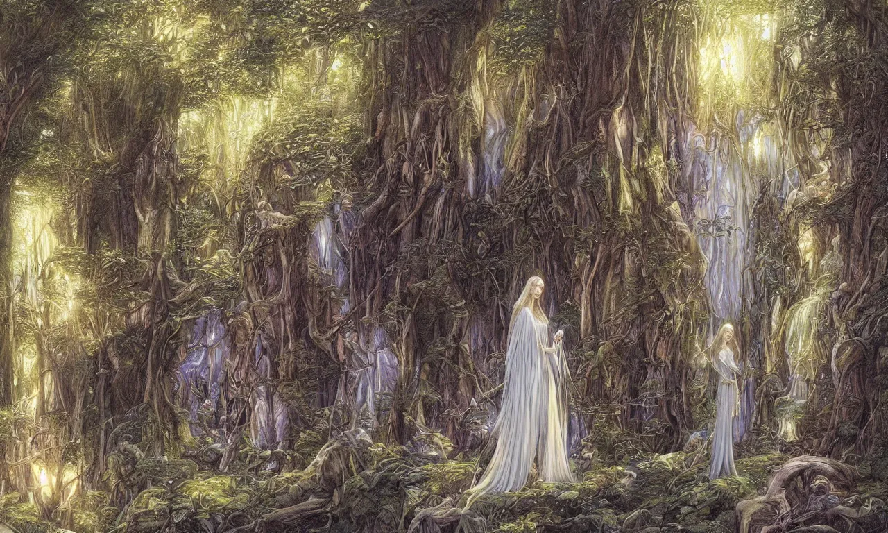 Image similar to Galadriel in Lothlórien, art by John Howe and Donato Giancola, fantasy illustration, Tolkein art