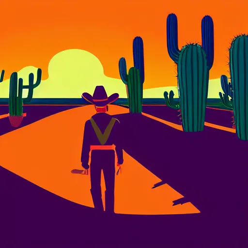 Prompt: digital illustration of cowboy on the range, beautiful New Mexico sunrise, cactus, Art Deco, dark deco, award-winning composition, Adobe Illustrator, vibrant colors, vivid color, solid coloring, clean lines, clean ink, animated series, by Eric Radomski