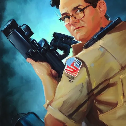 Prompt: greg manchess portrait painting of ghostbuster peter venkman overwatch character, medium shot, asymmetrical, profile picture, organic painting, sunny day, matte painting, bold shapes, hard edges, street art, trending on artstation, by huang guangjian and gil elvgren and sachin teng