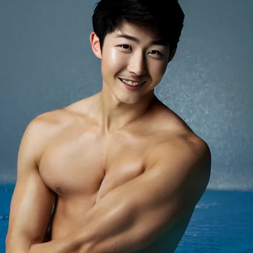 Image similar to song joong - ki portrait, young handsome asian male diver, muscle, studio photo