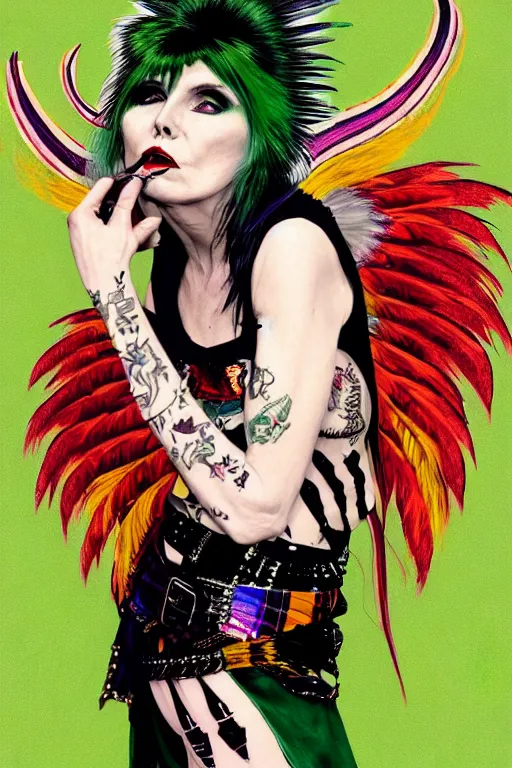 Image similar to portrait of debbie harry as a punk woman with green mohawk, neotraditional tattoos, fishnets, long tartan skirt as phoenix queen, feathers, wings, rainbow clothes,, sci - fi, intricate and very very beautiful and elegant, highly detailed, digital painting, artstation, smooth and sharp focus, illustration, art by tian zi and wlop and alphonse mucha