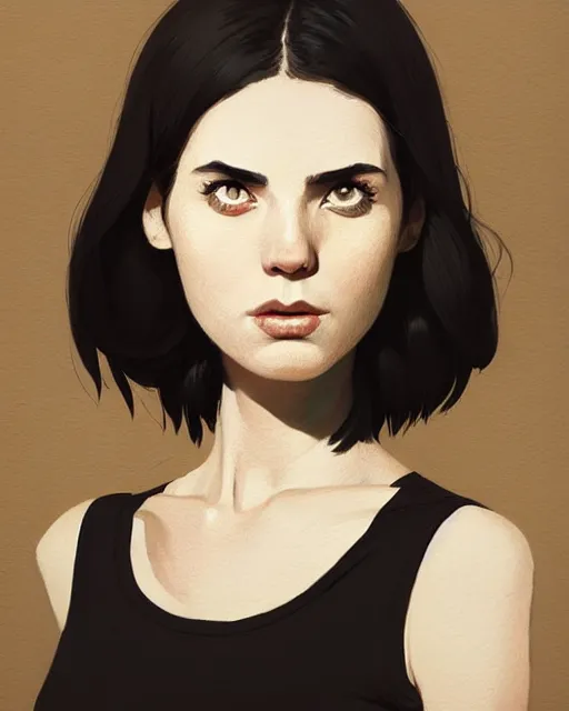 Image similar to cottagecore hyper - realistic portrait of a woman in black sleeveless t - shirt, black hair, persian daisy, by atey ghailan, by greg rutkowski, by greg tocchini, by james gilleard, by joe fenton, by kaethe butcher, dynamic lighting, gradient light yellow, brown, blonde cream and white color scheme, grunge aesthetic