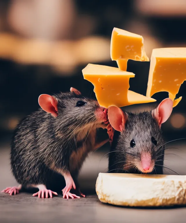 Image similar to high quality presentation photo of vicious anthropomorphic rats with sharp teeth eating cheese, and fighting each other over cheese, photography 4k f1.8 anamorphic bokeh 4k Canon Nikon