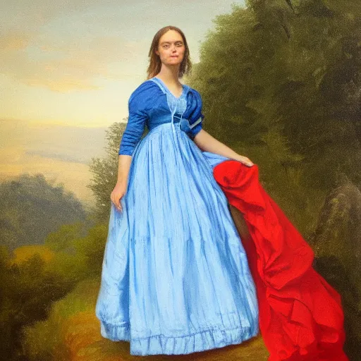 Image similar to portrait of Alicia Vikander wearing blue shirt and red 1850 dress, in the style of the Hudson River School