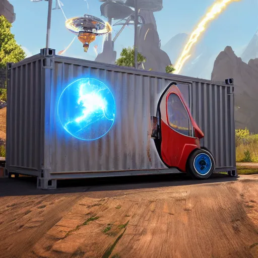 Prompt: electric vehicle plugged into a sci - fi container from apex legends, daytime, a sense of hope and optimism, hyper realistic, high res, 4 k, warm light, peaceful, serene