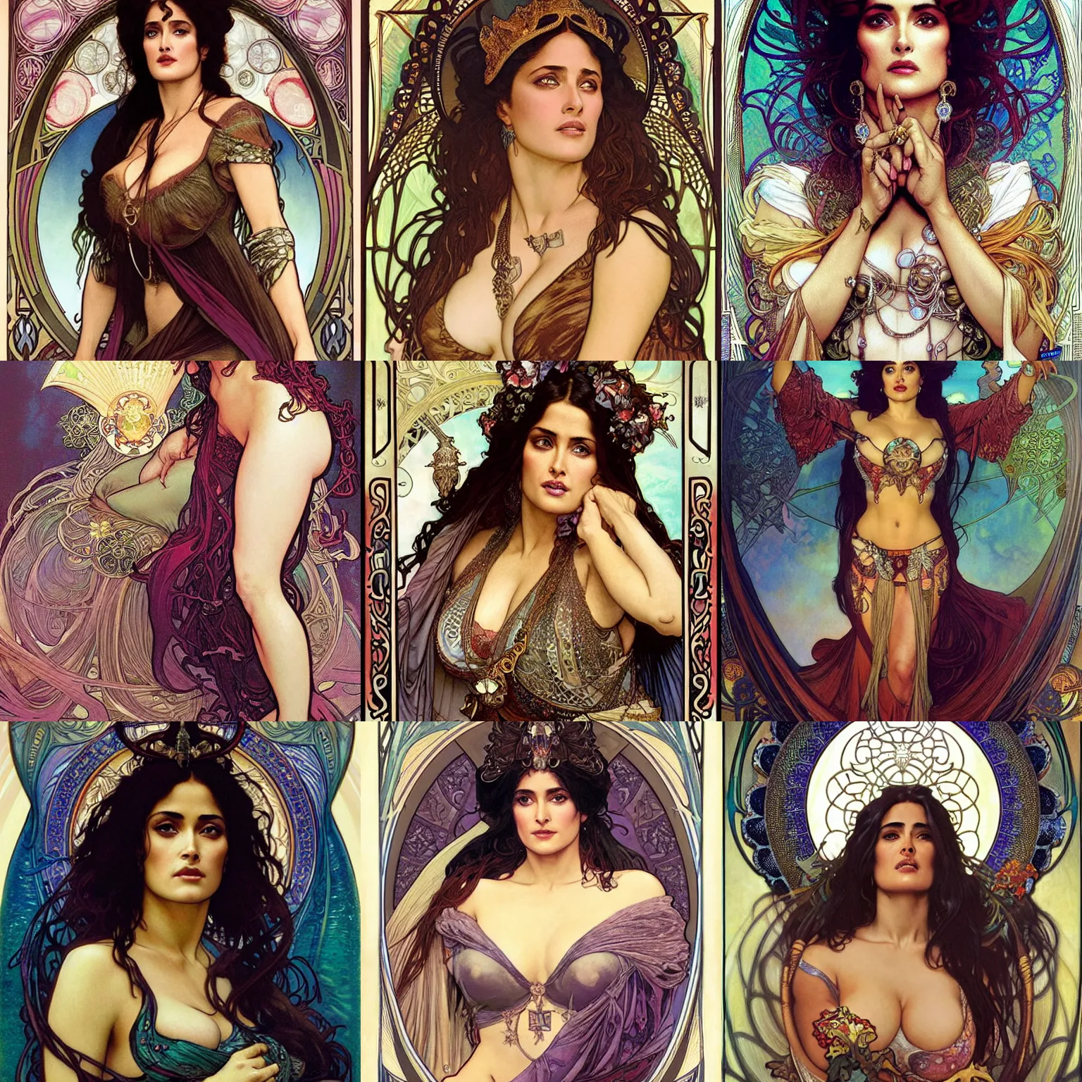 Prompt: realistic detailed of Salma Hayek as an exotic queen by Alphonse Mucha, Ayami Kojima, Amano, Charlie Bowater, Karol Bak, Greg Hildebrandt, Jean Delville, and Donato Giancola, Art Nouveau, Neo-Gothic, gothic, rich deep colors , tarot card