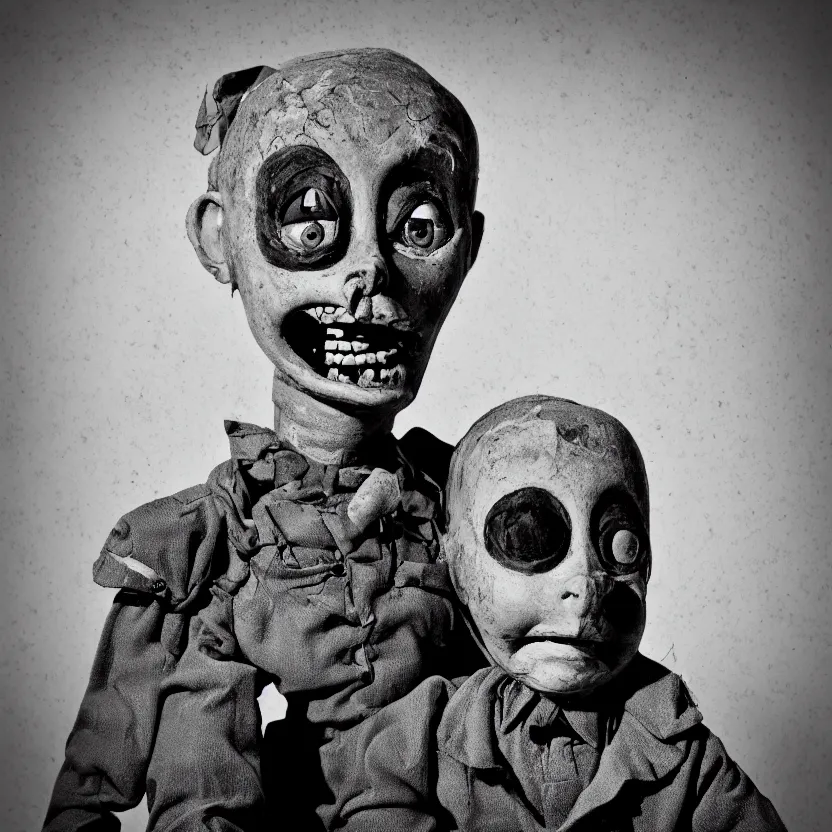 Image similar to creepy ventriloquist dummy in the style of roger ballen, 4 k, bw, portrait