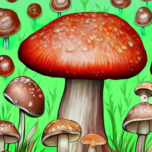 Image similar to macro photo with a singular mushroom character with cute eyes and mycelium, very close to real nature, natural colors and natural surroundings, painted patterns and coloring on mushrooms, 8K, highly detailed, cartoon