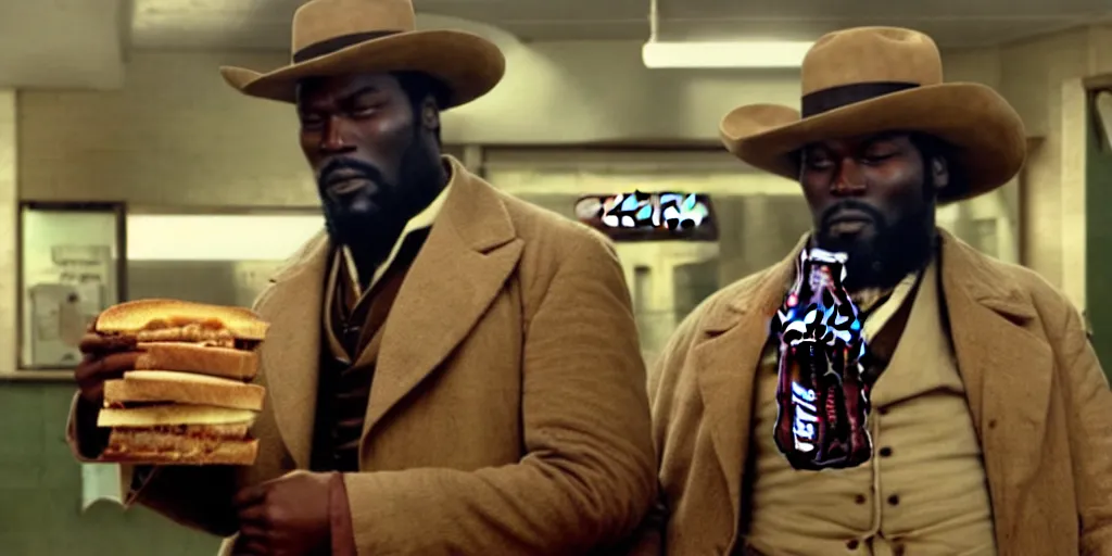 Image similar to fat Django unchained in subway eat sandwich and drink coca cola.