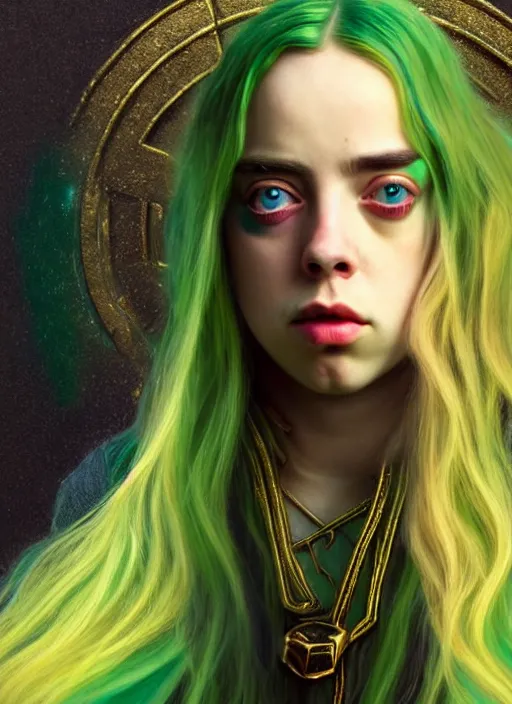 Image similar to Billie Eilish as female loki, goddess of mischief, hyper detail, hyper realistic, octane render, golden hour, gorgeous symmetrical face, elegant, by Gustave Courbet