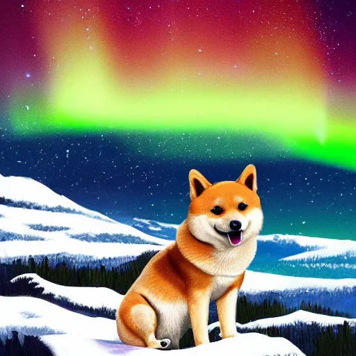 Prompt: shiba inu howling on top of a cliff. northern lights in the background. digital painting, award winning, high detail, high quality, 4 k, sharp and coherent, trending on artstation.