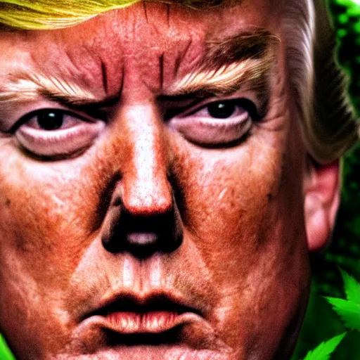 Image similar to close up photograph of very high on weed donald trump, stoner eyes, donald trump smoked weed, weed background, 8 k resolution