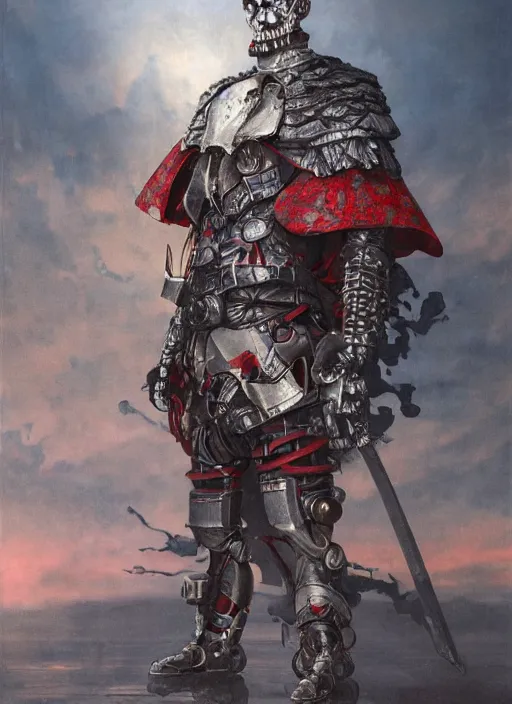 Image similar to portrait of a diabolical cyborg clown samurai, torn cape, adaptive armor, dynamic pose, heavy eyes to the side, ancient ruins, glowing veins subsurface scattering, in clouds, sunset, portrait, by gerald brom, by mikhail vrubel, by peter elson, muted colors, extreme detail, reflections, trending on artstation, 8 k