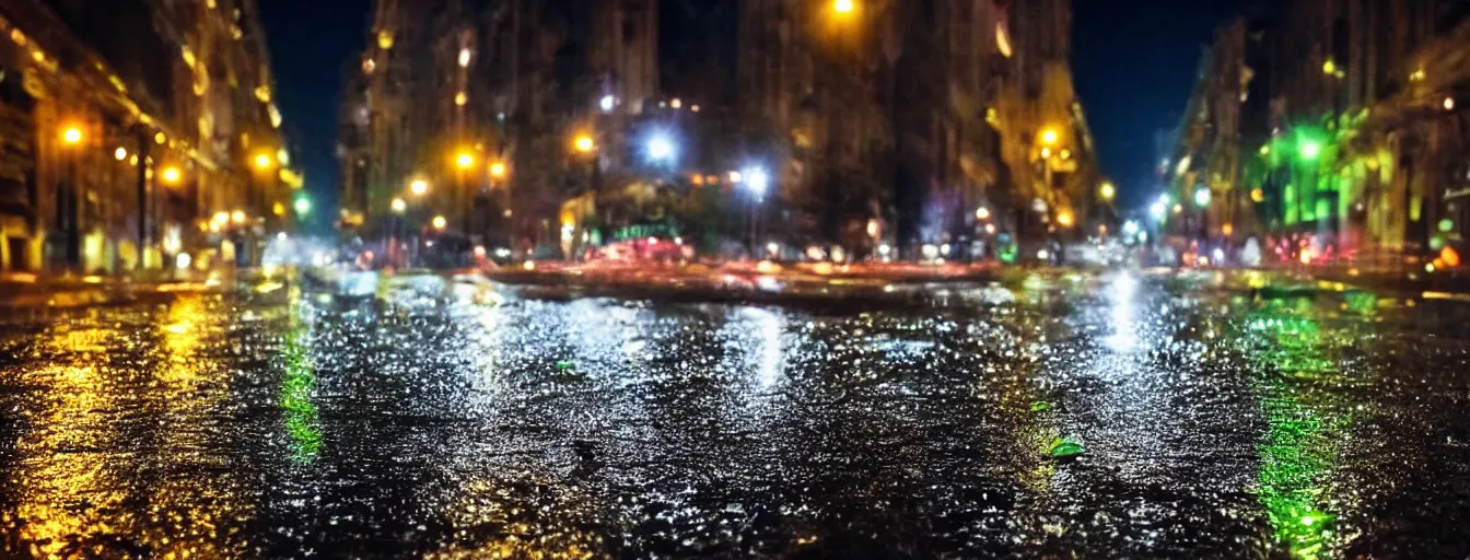 Image similar to beautiful photo, aspic on road, night, rain, modern street, lights, close up the fat frog on wet road