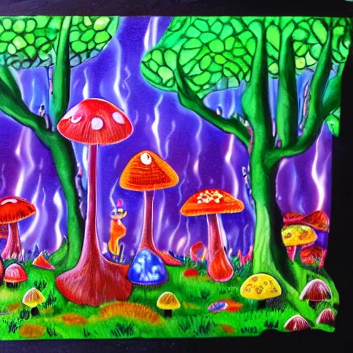 Image similar to a bright magic forest, with multicolored mushrooms and forest creatures dancing in the rain