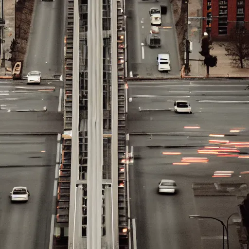 Image similar to a stunning aesthetic wallpaper of a city highway full of traffic with a train track and bus lane nearby, photograph by wes anderson, 8 k, soft focus, cinematic lighting, trending on flicker, super resolution.