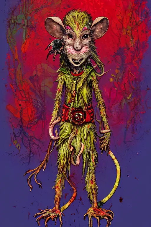 Prompt: shamanistic druid half rat, made of red gucci fabric, otherworldly forest, pixiv fanbox, dramatic lighting, maximalist pastel color palette, splatter paint, pixar and disney concept, graphic novel by fiona staples dustin nguyen peter elson alan bean wangechi mutu, clean cel shaded vector art, trending on artstation