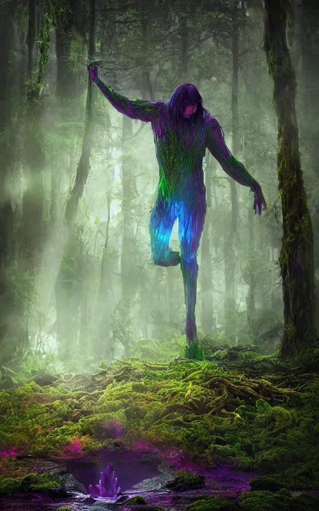 Prompt: iridiscent rainbow dim giant titan with glowing hands lying in a swamp, moss and mud, photography, 3d octane render