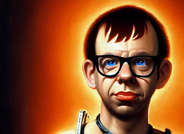 Prompt: young rick moranis with brown hair and a brown goatee beard in the fifth element, far future, highly detailed, trending on artstation, intricate, cinematic composition, by rutkowski