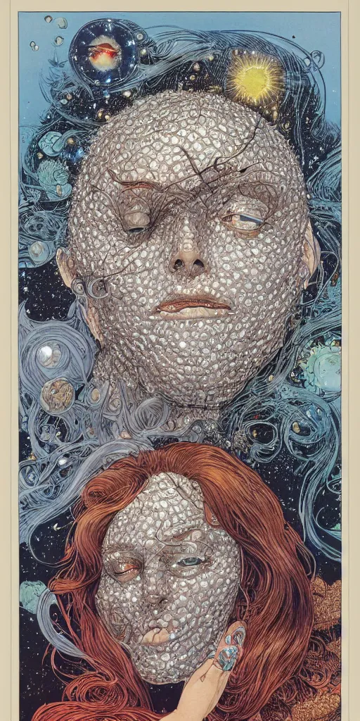 Prompt: a face made of diamonds with light shinying through it, michael kaluta, charles vess and jean moebius giraud
