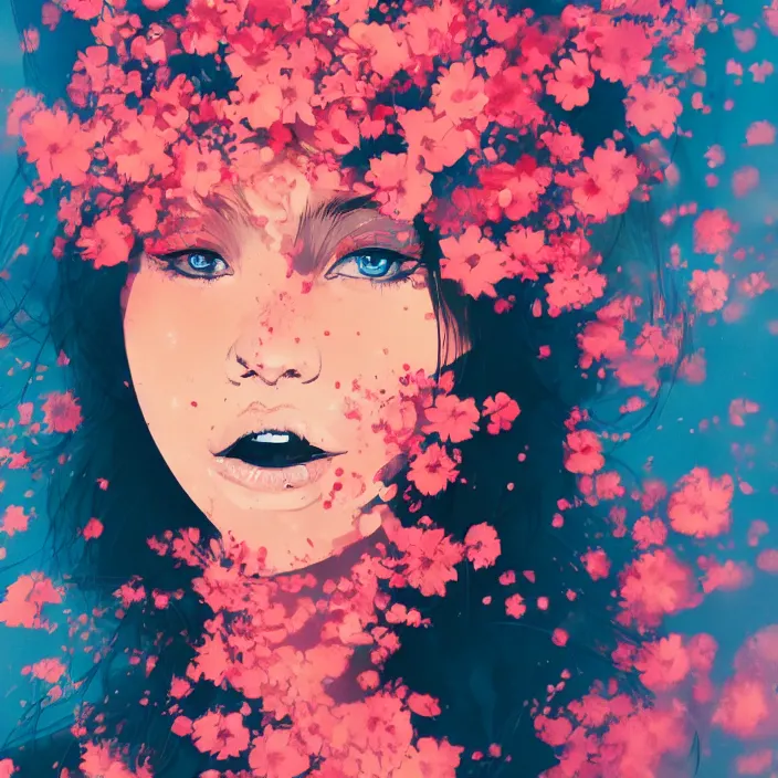 Prompt: candid portrait of very beautiful young filipino woman, surrounded by dramatic swirling smoke and flowers, face partially obscured, dark background, by conrad roset, abstract, trending on artstation