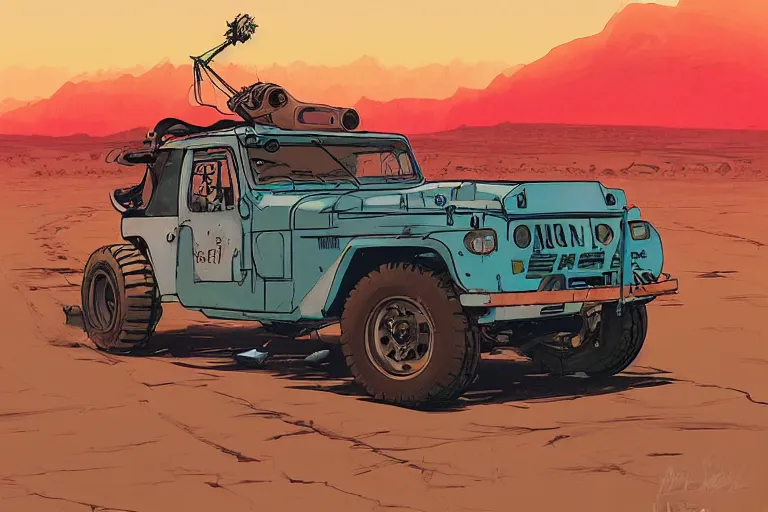 Image similar to digital illustration of mad max's fj 4 0 pursuit special, the last v 8 interceptor driving down a deserted dessert highway in the middle of the day by studio ghibli, anime style, by makoto shinkai, ilya kuvshinov, lois van baarle, rossdraws, basquiat