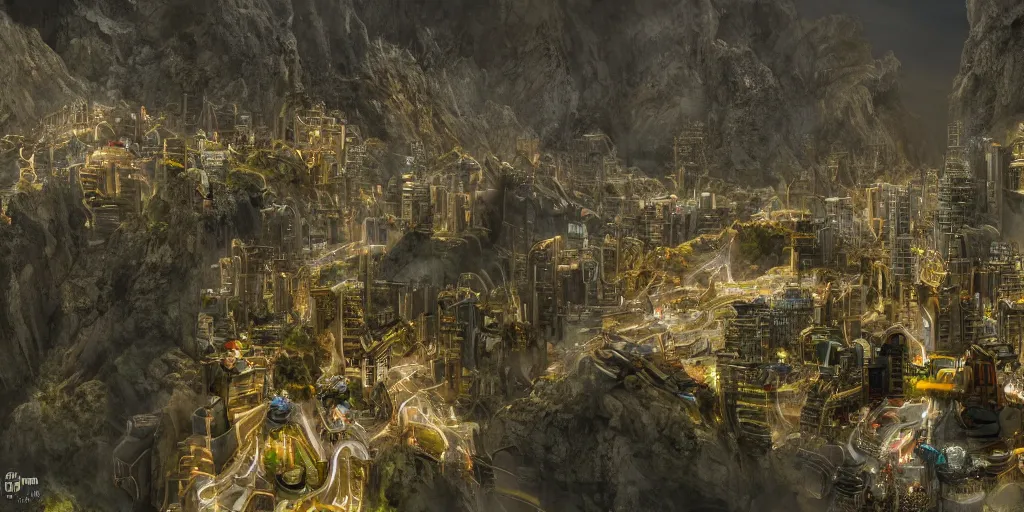 Prompt: an underground fantasy city on steep mountains, 8 k