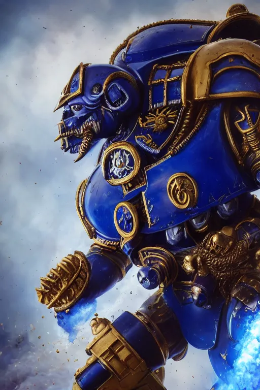 Image similar to a portrait of an ultramarine, space marine, warhammer 4 0 k setting, dynamic pose, intricate details, intricately detailed clothing, intricate textures, warm lighting, vivid colors, smoke and mist, realistic octane render, hyper realistic render, volumetric shading, depth of field, raytracing, 8 k,