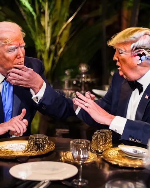 Image similar to Trump and Biden having dinner at a fancy Balinese restaurant, award winning photography, 85mm, perfect faces