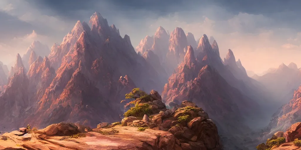 Image similar to beautiful matte painting of large mountains and canyons, fantasy