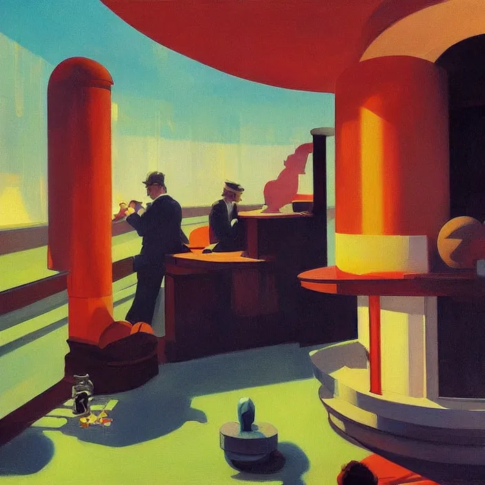 Image similar to round metaballs belting together and dripping on the floor, painted by Edward Hopper, painted by James Gilleard, surrealism, airbrush