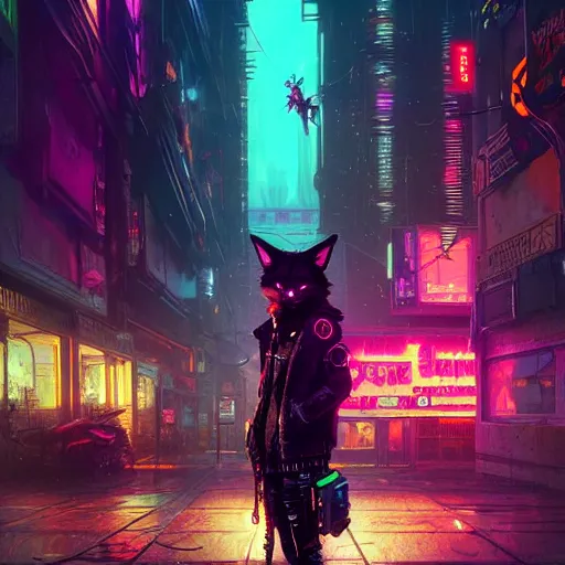 Image similar to anthropomorphic coyote character wearing black cyberpunk skater clothes with neon highlights in a cyberpunk city. Renowned character illustration by greg rutkowski, thomas kindkade, alphonse mucha, loish, norman rockwell. Trending on artstation 4k. Highly detailed. Digital art.