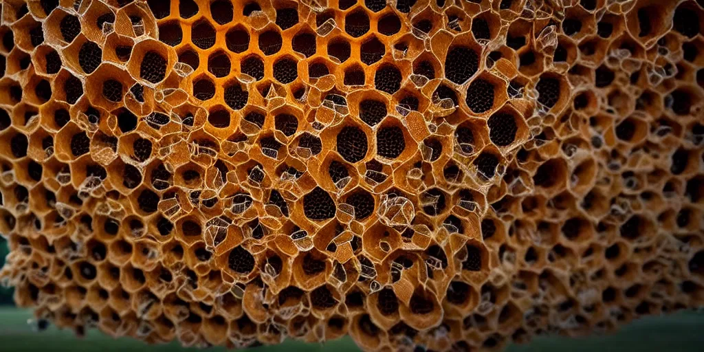 Image similar to real honeycomb organic building with dripping honey by tomas gabzdil libertiny sitting on the field, film still from the movie directed by denis villeneuve arrival movie aesthetic with art direction by zdzisław beksinski, telephoto lens, shallow depth of field