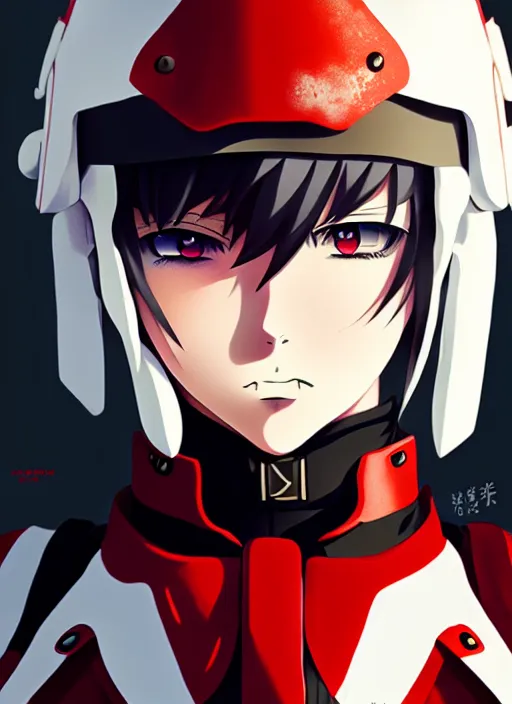 Image similar to anime portrait of a vicious helldiver scout soldier, red armor with white accents, closeup on face, ilya kuvshinov, anime, pixiv top monthly, trending on artstation, cinematic, danbooru, zerochan art, kyoto animation