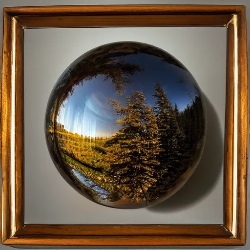 Prompt: a highly detailed oil on canvas in a wooden frame of a Nikon D850 inside of a sphere made out of mirrors