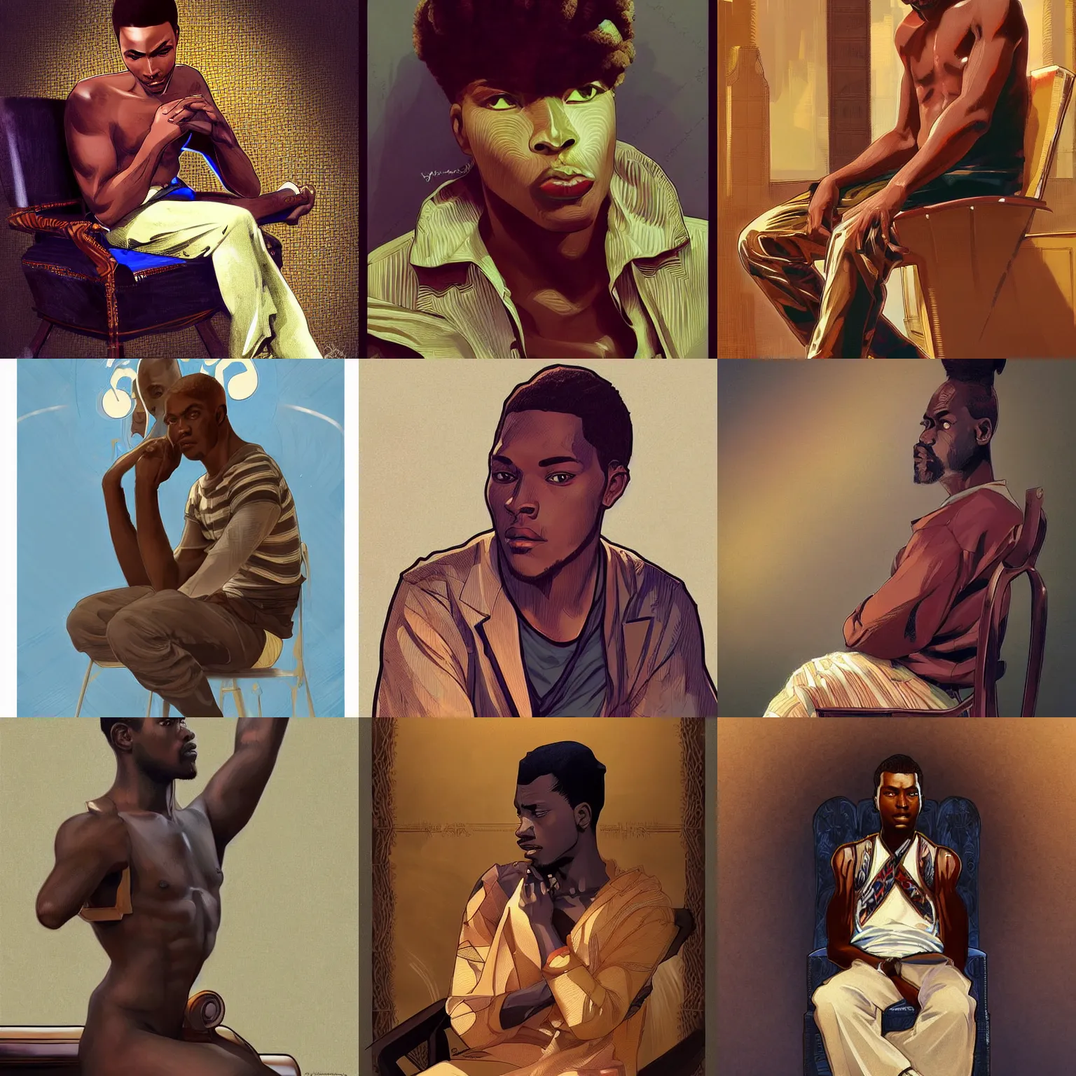 Prompt: handsome african male sitting in a chair. highly detailed, digital painting, artstation, concept art, smooth, sharp focus, illustration, art by artgerm and alphonse mucha, high definition digital art, in the style of ilya kuvshinov and Ross tran