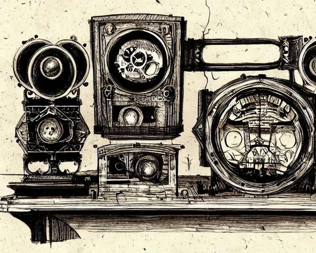 Image similar to steampunk mechanical hifi stereo system sketch by leonardo da vinci