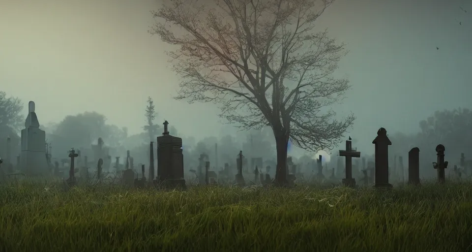 Image similar to Eerie cemetery landscape, cinematic, rendered by simon stålenhag, rendered by Beeple, Makoto Shinkai, syd meade, environment concept, digital art, unreal engine, 3 point perspective, WLOP, trending on artstation, low level, 4K UHD image, octane render,