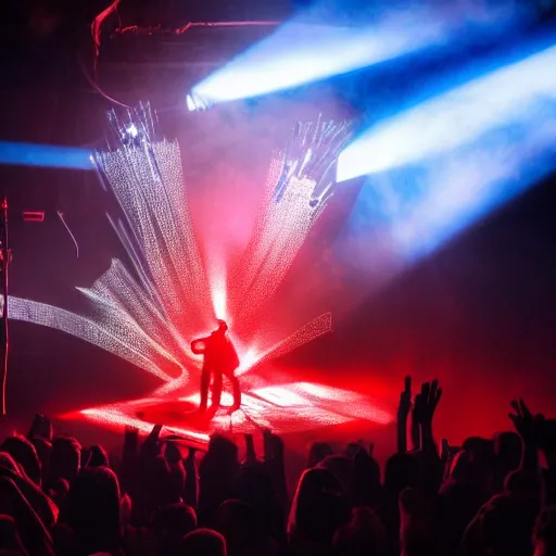 Image similar to gigantic Trent Reznor smashing guitars, group of people on stage playing instruments, elaborate stage effects, dust, smoke, giant LED screens, colored projections, ultrafine detail, cybersuit, glowing thin wires, smoke, high contrast, projections, holography, volumetric lighting