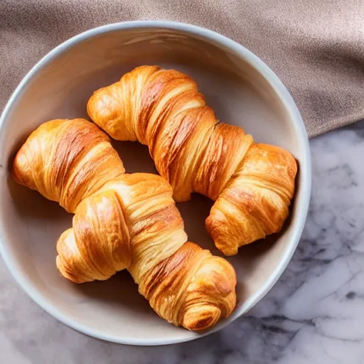 Prompt: croissants in a ceramic bowl