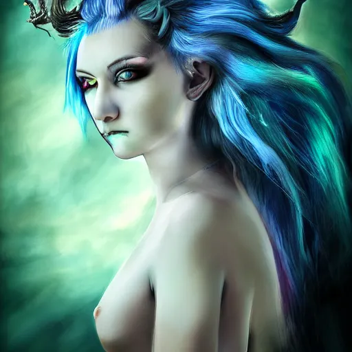 Image similar to The dragon girl portrait, portrait of young girl half dragon half human, dragon girl, dragon skin, dragon eyes, dragon crown, blue hair, long hair, highly detailed, cinematic lighting, by Tim Burton and David Lynch